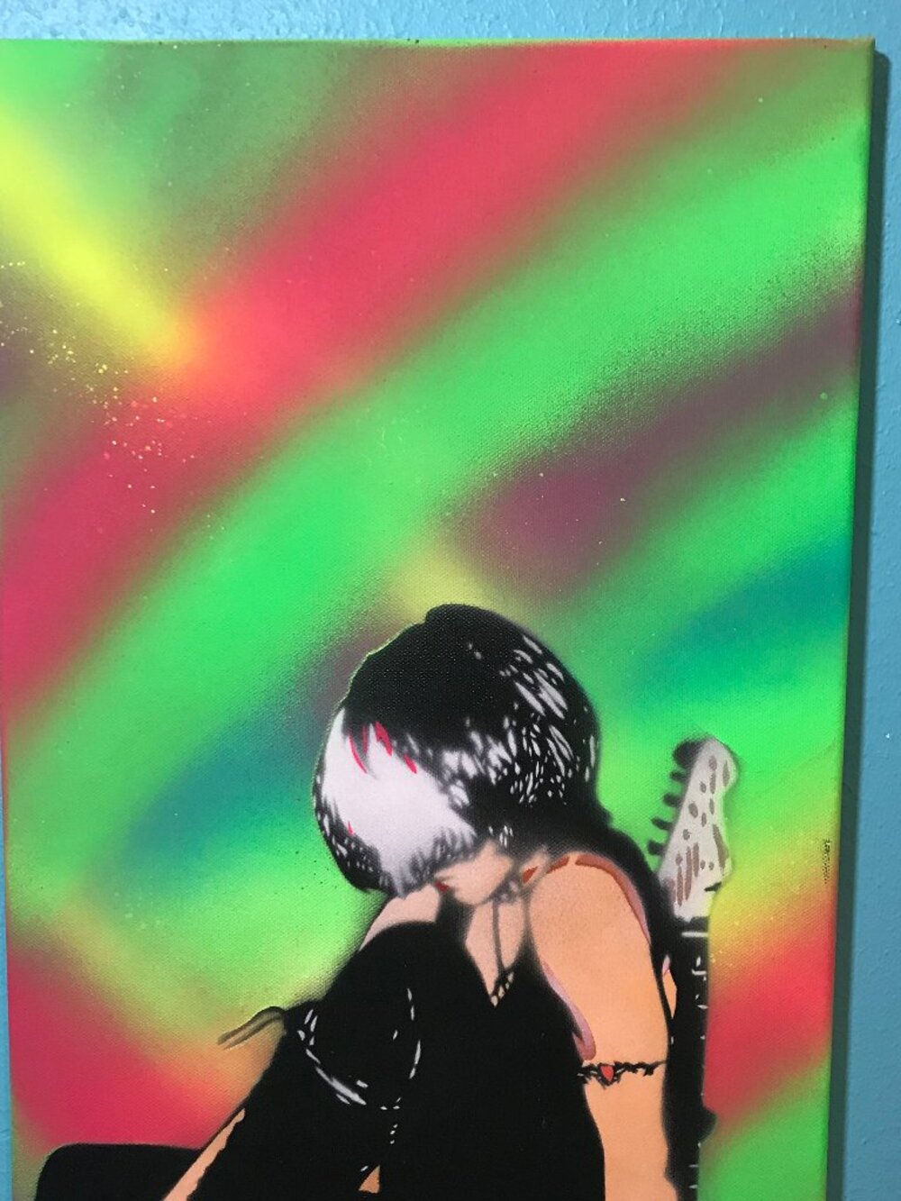 Green NEON Rainbow Punk Rock Chick Original Stencil Painting Guitar w/Peavy Amp - Picture 4 of 5